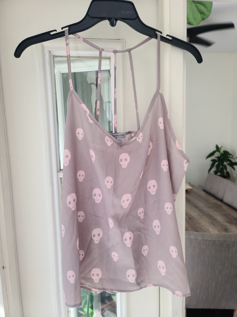 Charlotte Russe Dusty Mauve Satin Skull Print Cami with Pale Pink Skulls